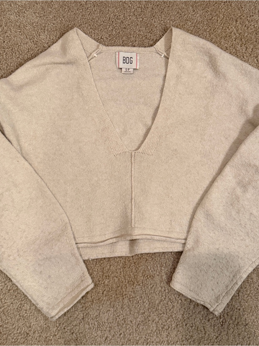 Urban Outfitters BDG Cropped V-Neck Sweater in Light Beige